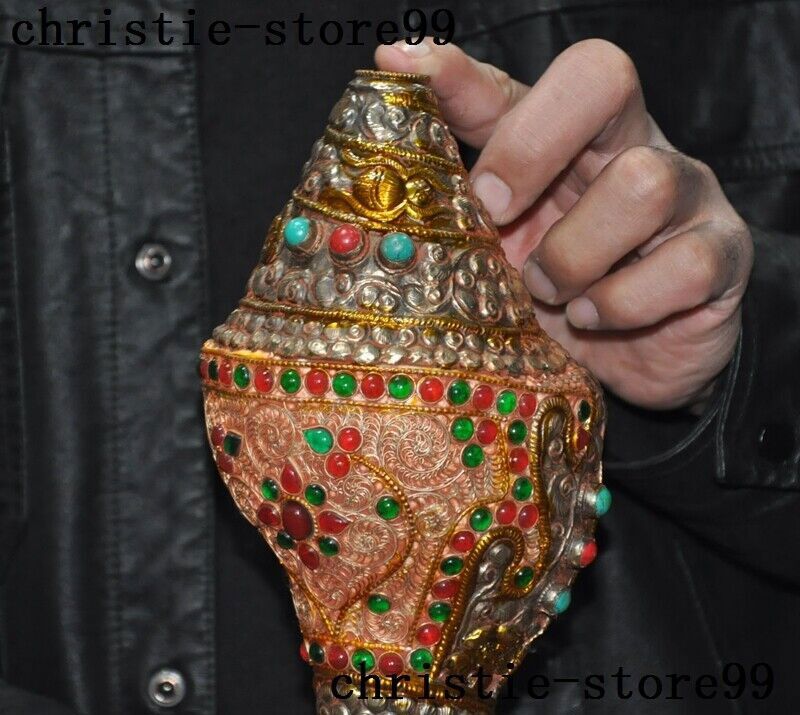 10″Tibet Buddhism bronze Gilt silver Filigree Inlay gem Conch Trumpet Horn Shell