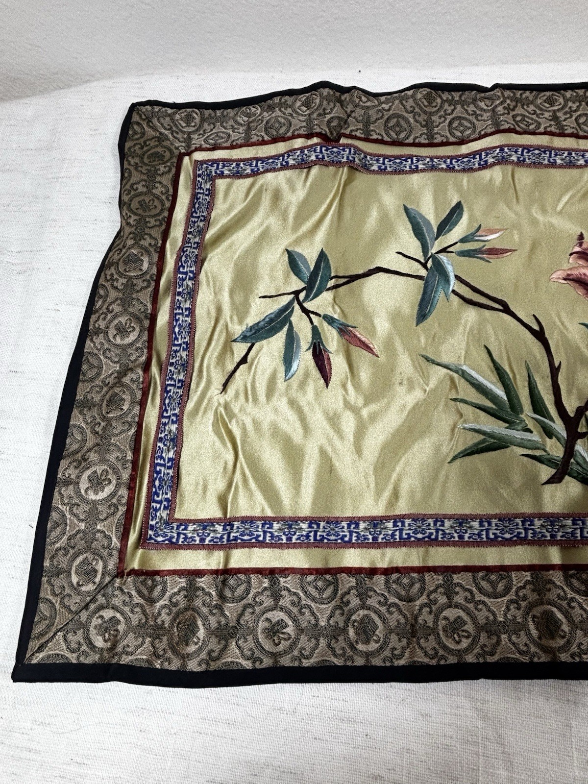 Vintage Dun Huang Chinese Silk Embroidery Bird & Flowers Wall Hanging 12×24