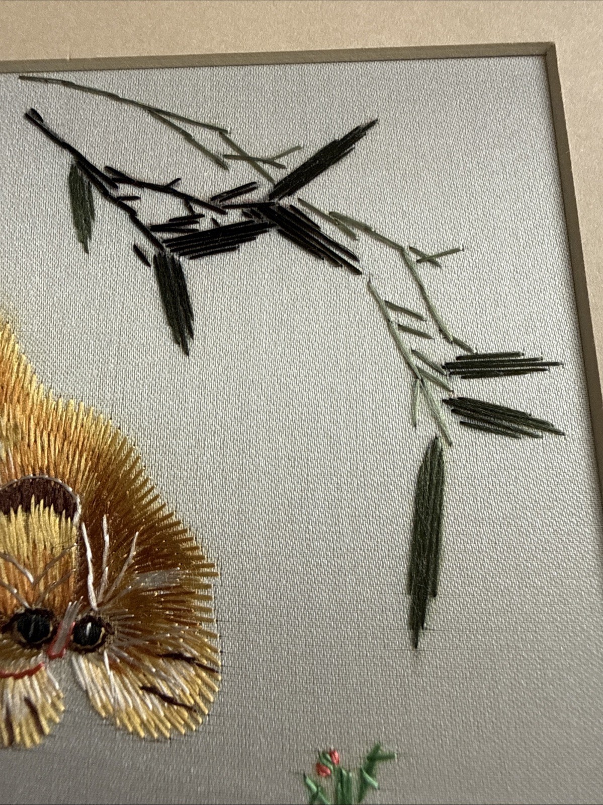 Chinese Brocade 100%Handmade Silk Embroidery Art Cat & Praying Mantis