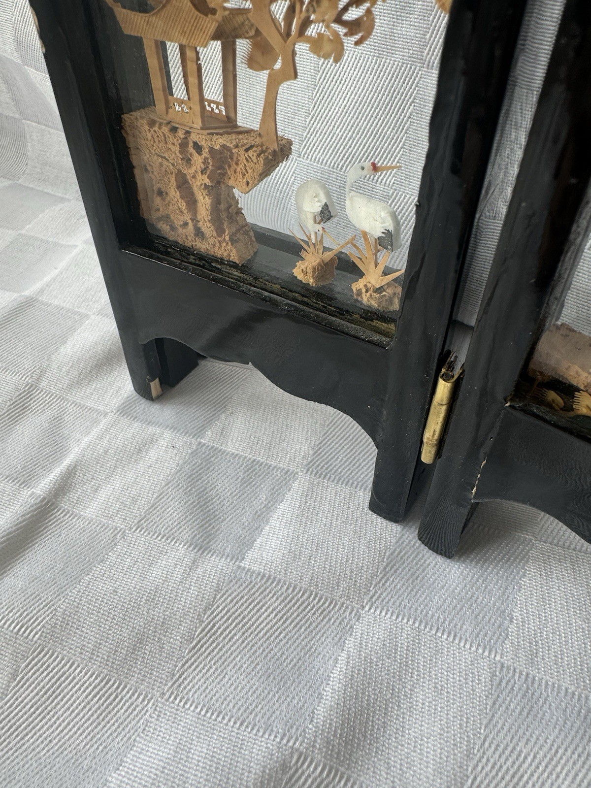 Chinese Cork Art Folding Screen 6 Panel Diorama Landscape Pagoda Black Lacquer