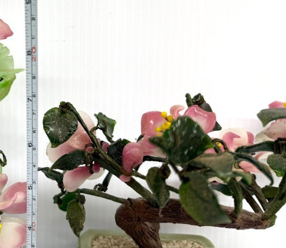 Vintage Jade Glass Cherry Blossom Bonsai Tree Pink Flowers 7” Celadon Pot