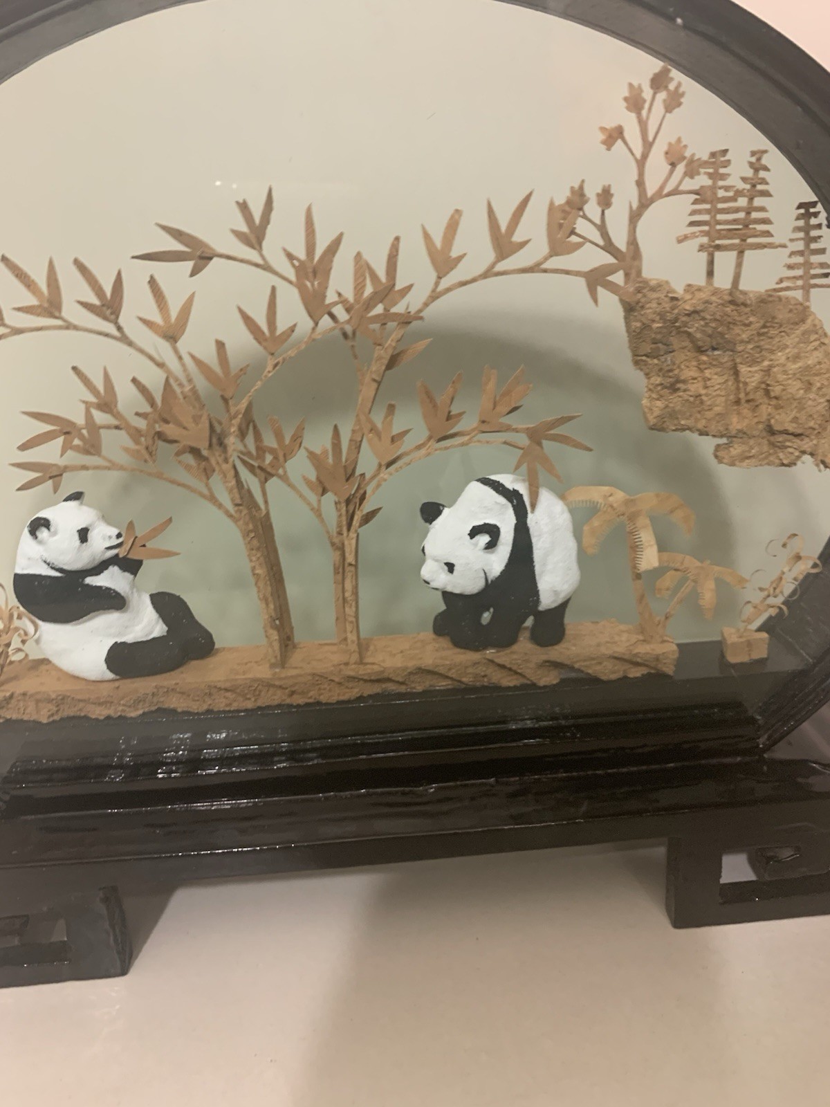 Panda Bear Vintage Collectible San You cork carve Art 3D Diorama in glass frame