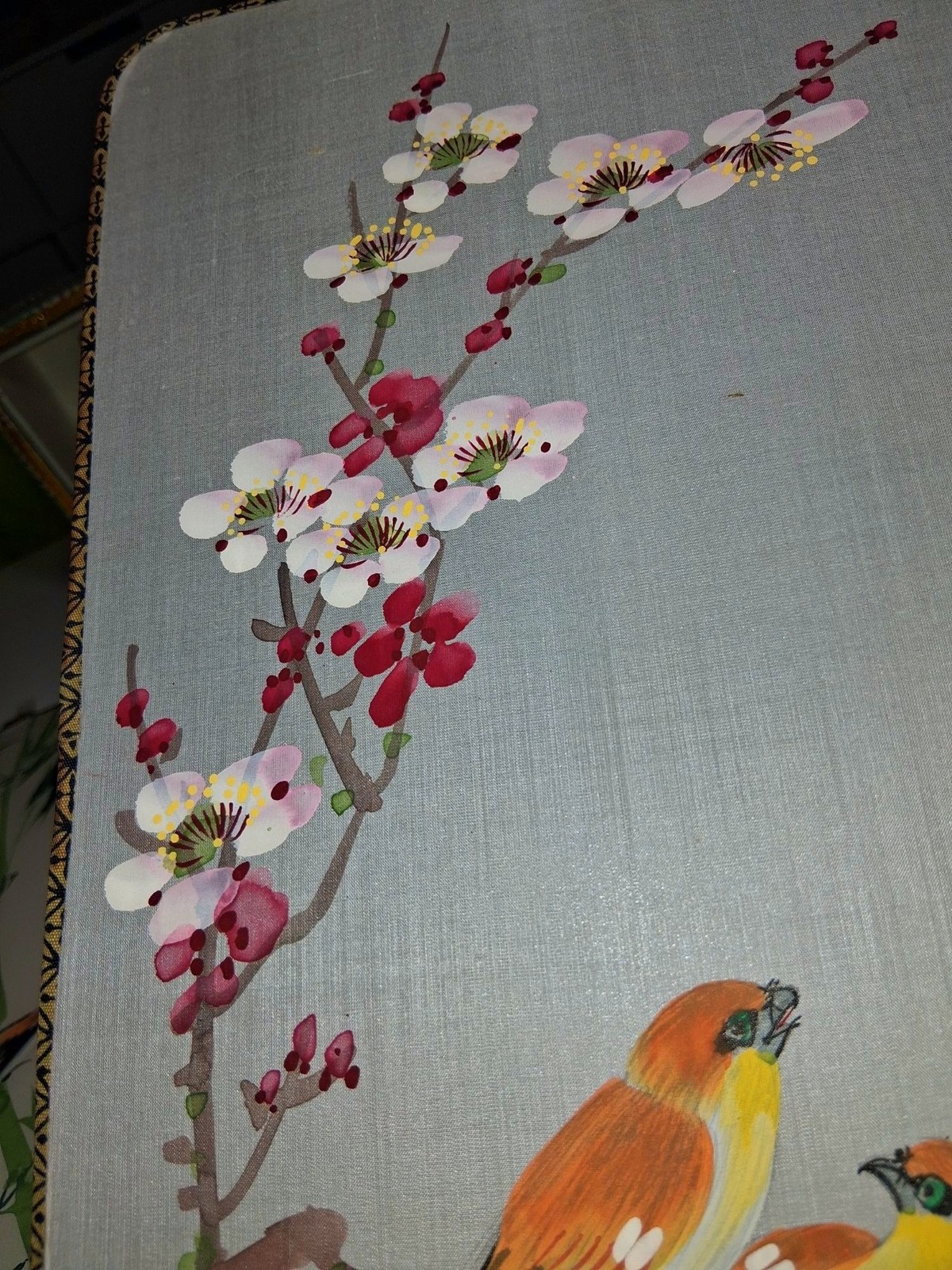 Lot of 3•Vintage Hand-Painted Chinese Silk Wall Art With Birds Flowers PLUS Guan
