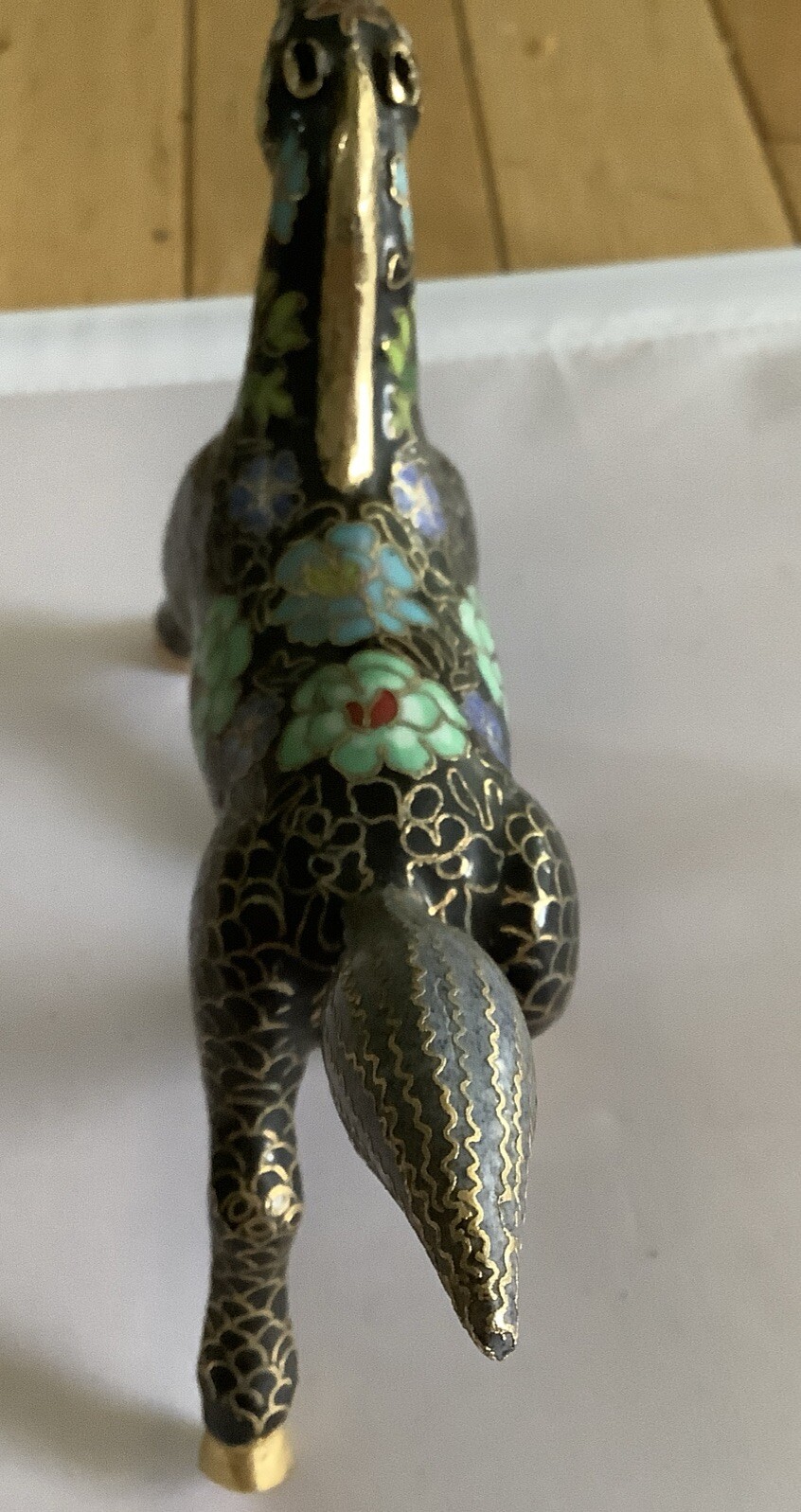 Chinese Cloisonné Small Horse Black w Blue & Green Flowers 6”
