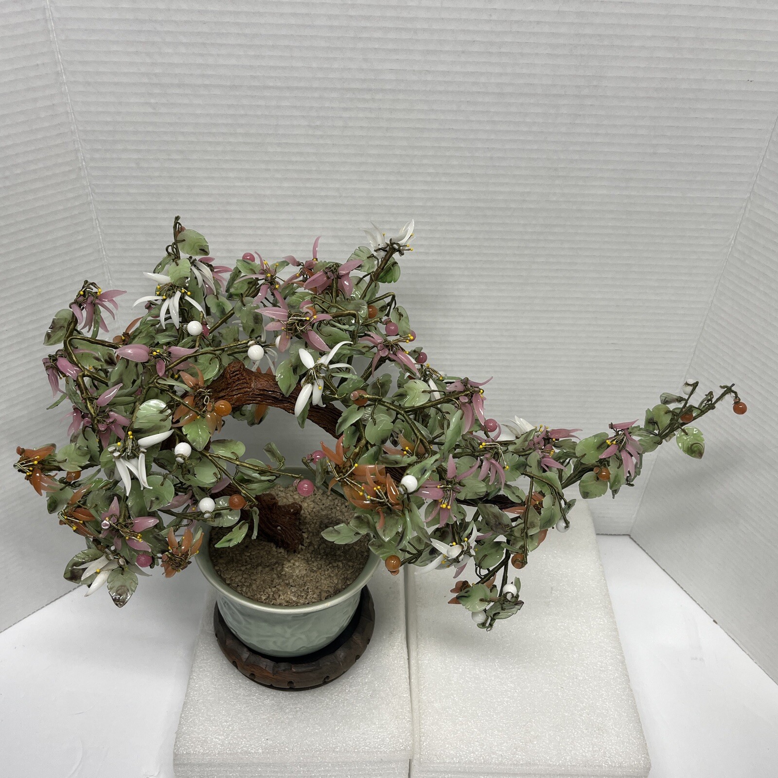 Vtg Japanese/Chinese/Asia Bonsai Jade Tree W/Berries 18″ L 13″ T w/pot & stand