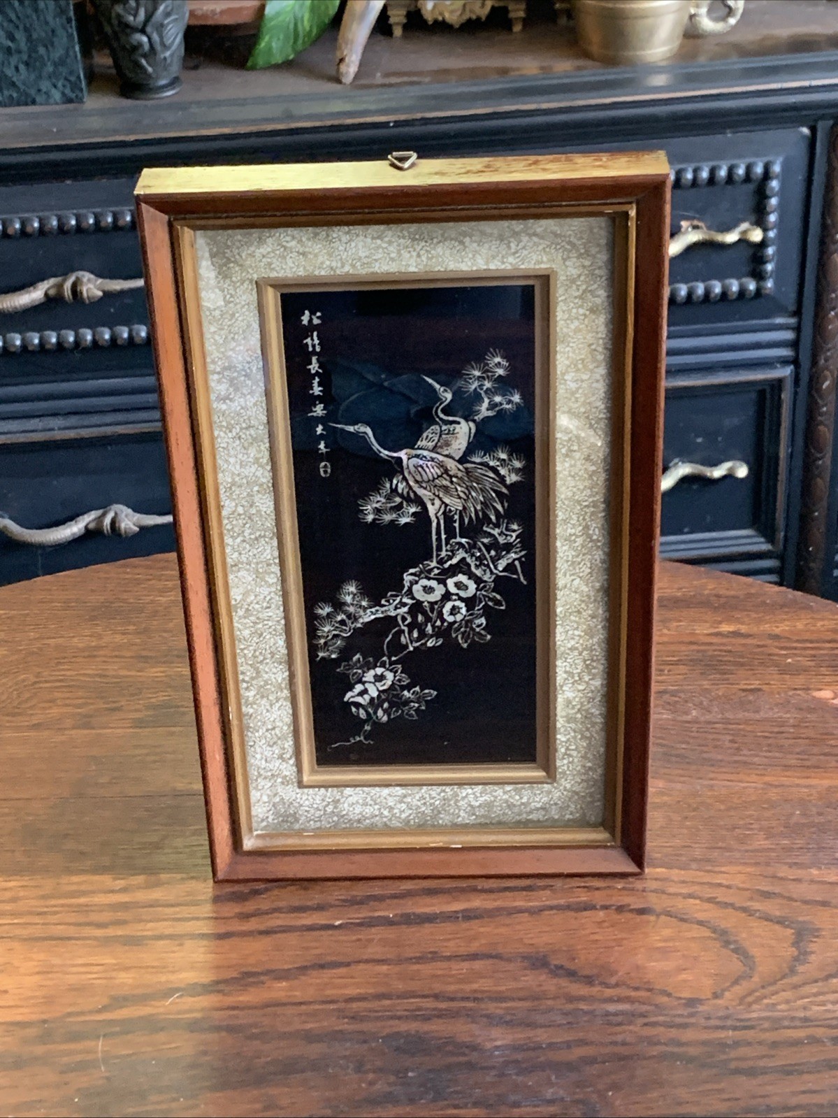 Vtg Asian Crane Birds Mother of Pearl & Abalone Shell Art Wood Framed 14.5”x8.75