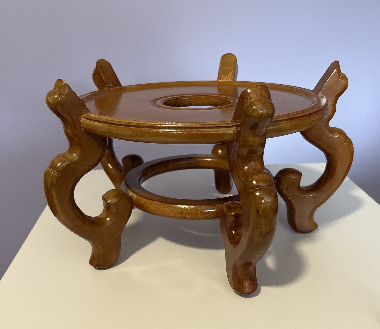 Carved Wood Plant Stand Display Honey Brown Vase Fish Bowl Asian Oriental 10”