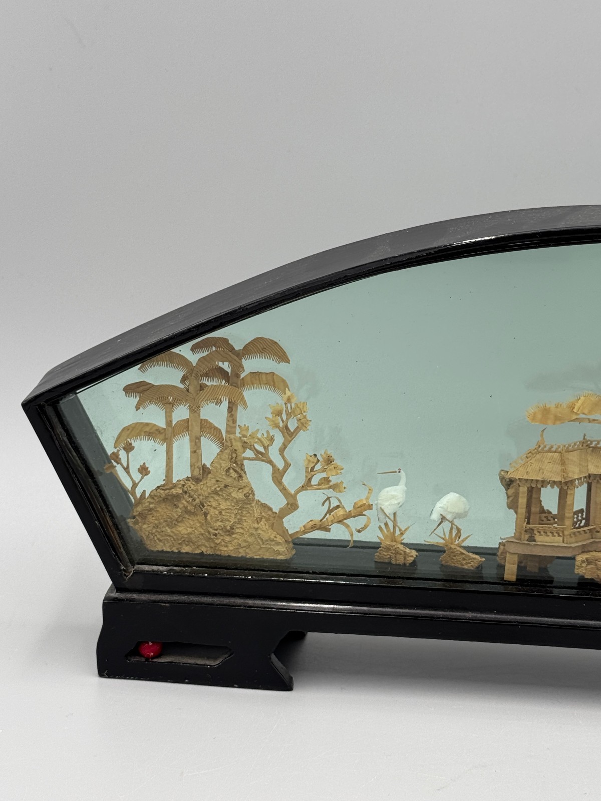 Vintage Chinese Fuzhou Cork Diorama Fan Shaped Black Lacquer Frame Pagoda 14”