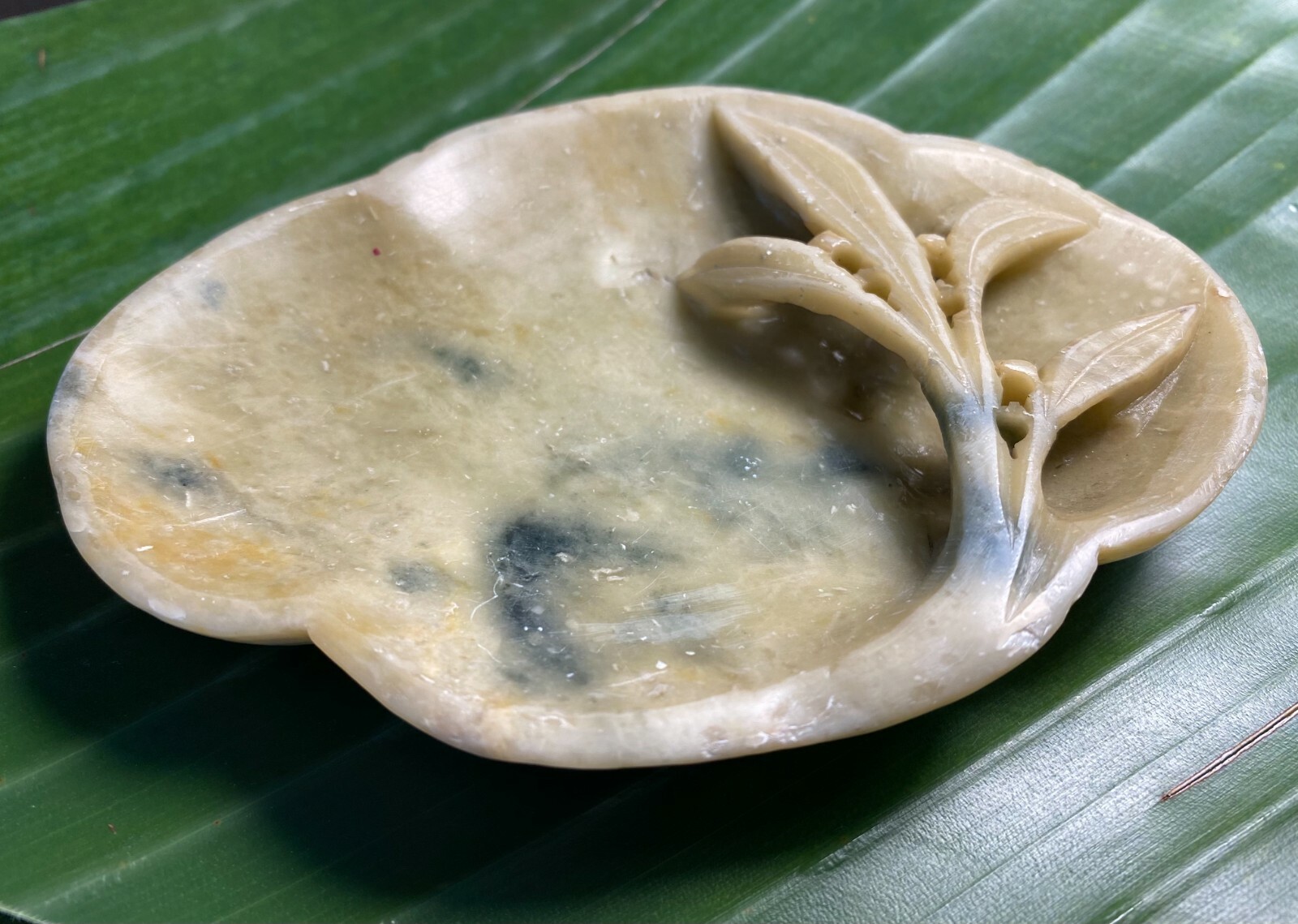 Soapstone collectible carved ashtray or Trinket dish with flower and leaf motif