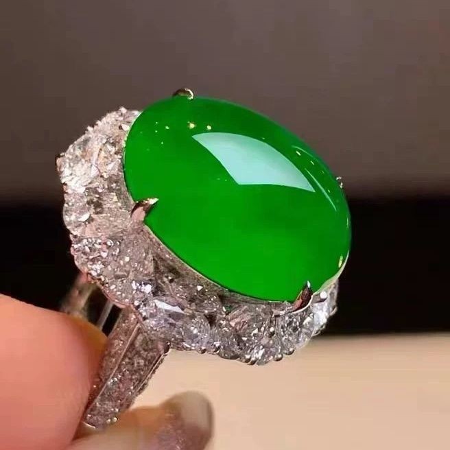 Natural Ice Type Jade Cabochon Ring Pendant Myanmar Bright Green Jade Unisex
