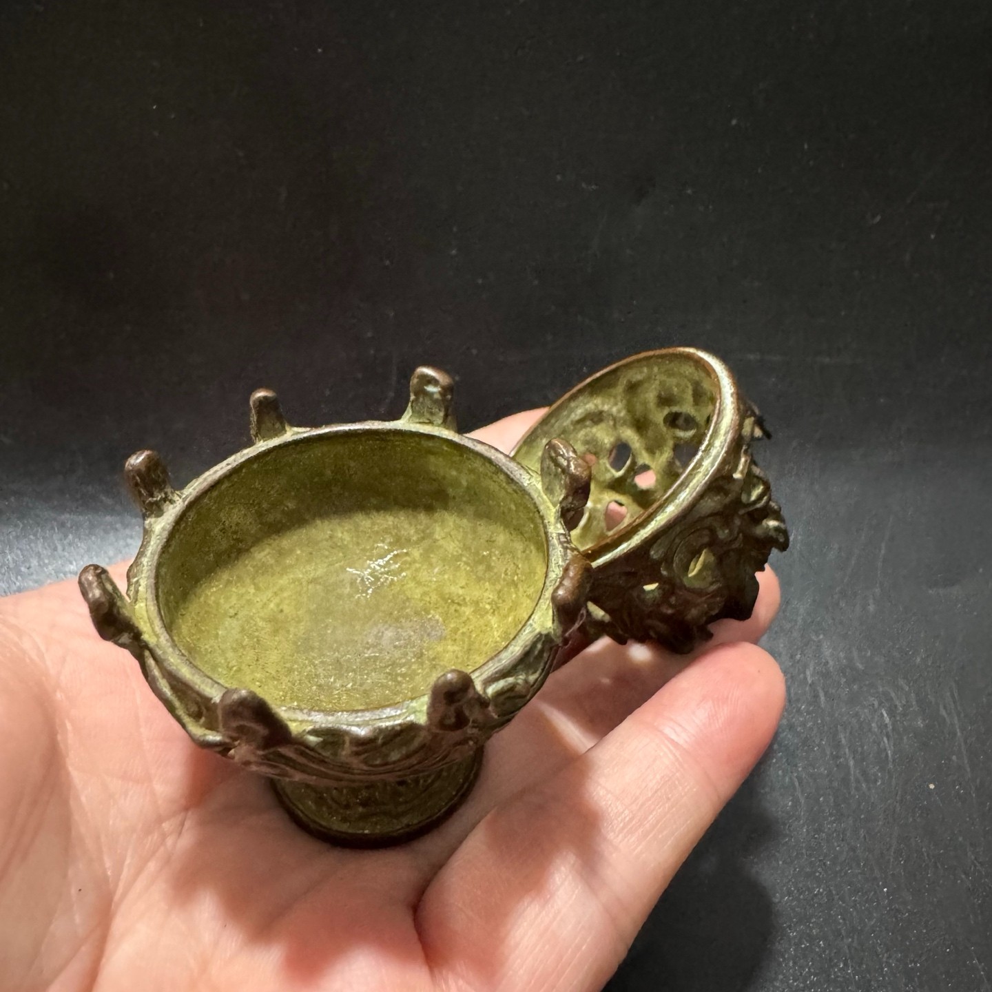 Patinated Bronze Mini Boshan Incense Burner Chinese Antique Hollow Censer Orname
