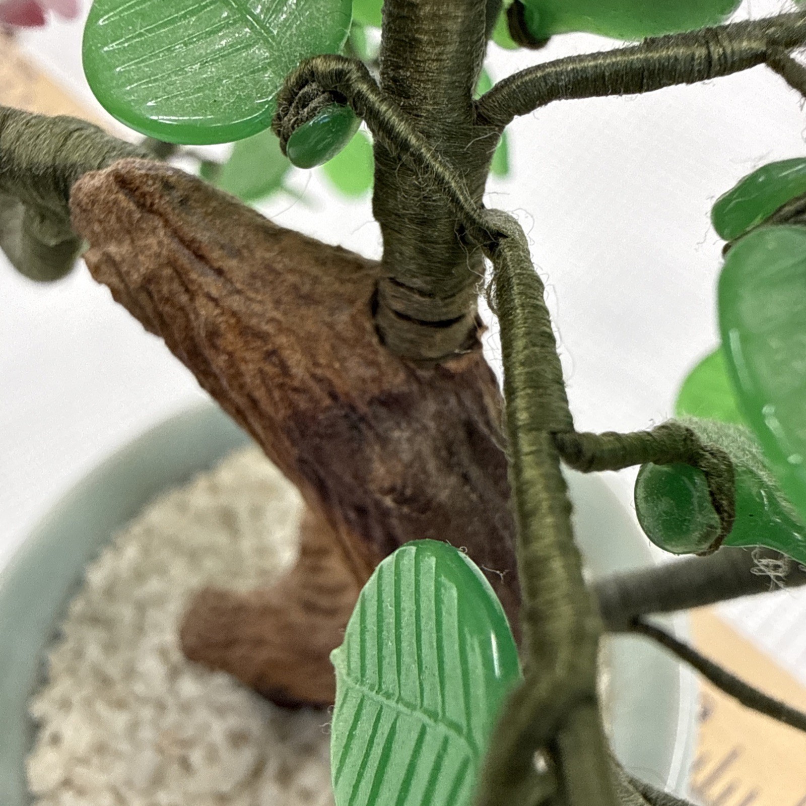 Vintage Chinese Bonsai Cherry Blossom Tree Green Jade-like Glass Leaves
