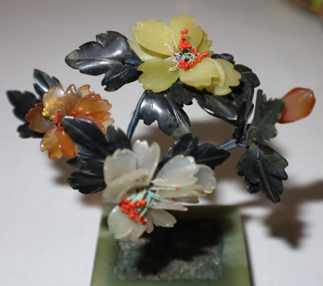 Hand Carved Miniature Jade Tree with Rose Quartz, Jade & Carnelian