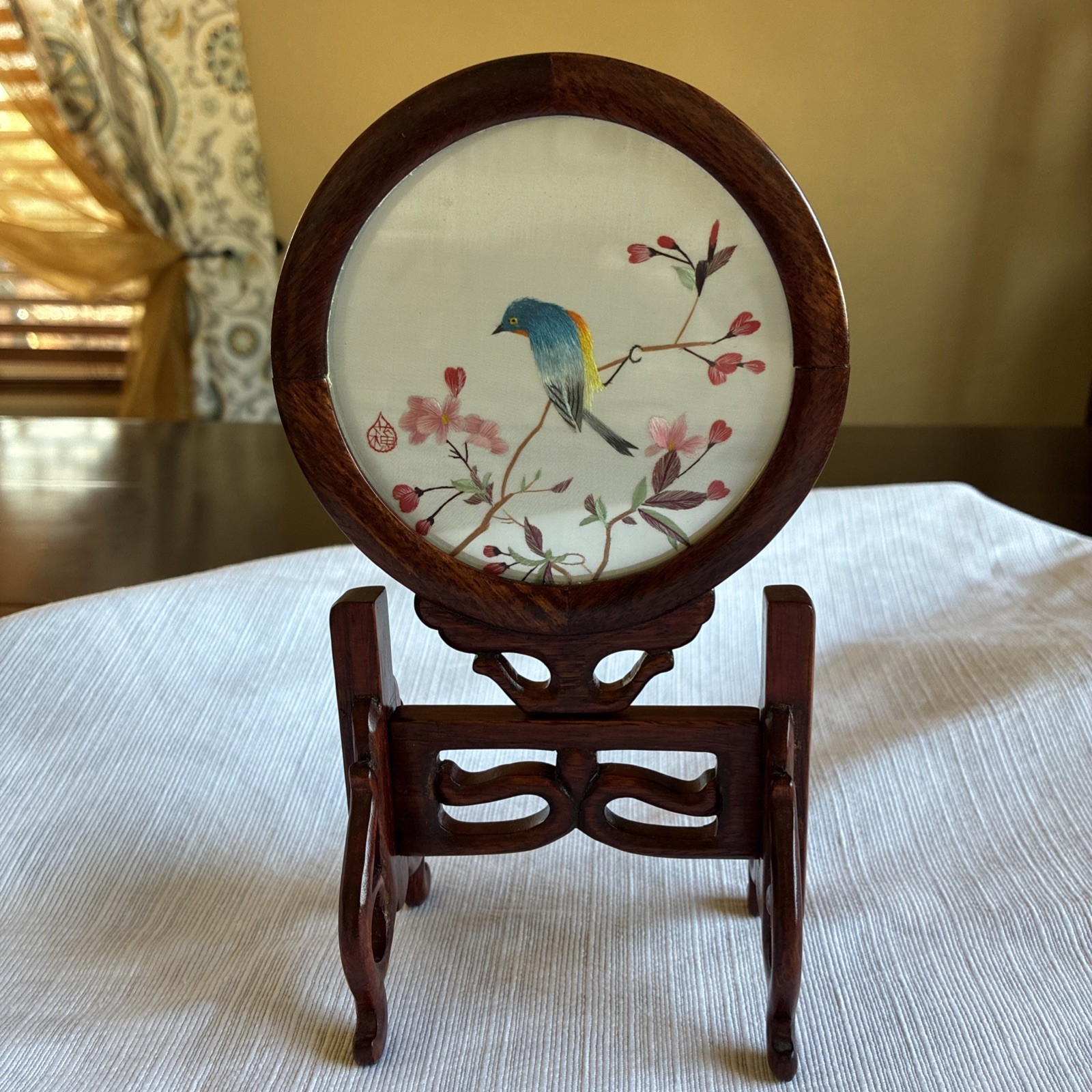 VNTG Chinese Silk Double Sided Embroidery Songbird Round Table Screen Wood/4.5”