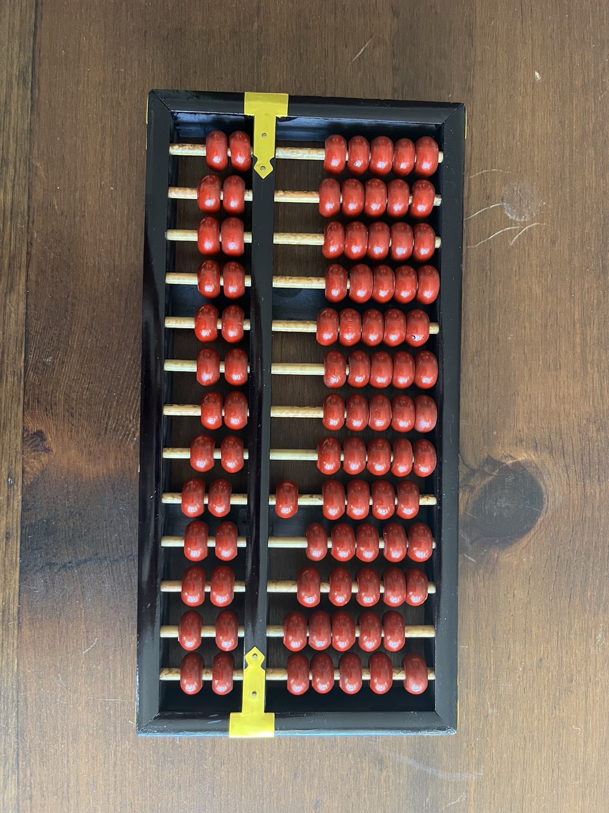 RARE Vintage Chinese Abacus Wood & Brass 13 Rows 91 Red Beads Lotus-Flower Brand