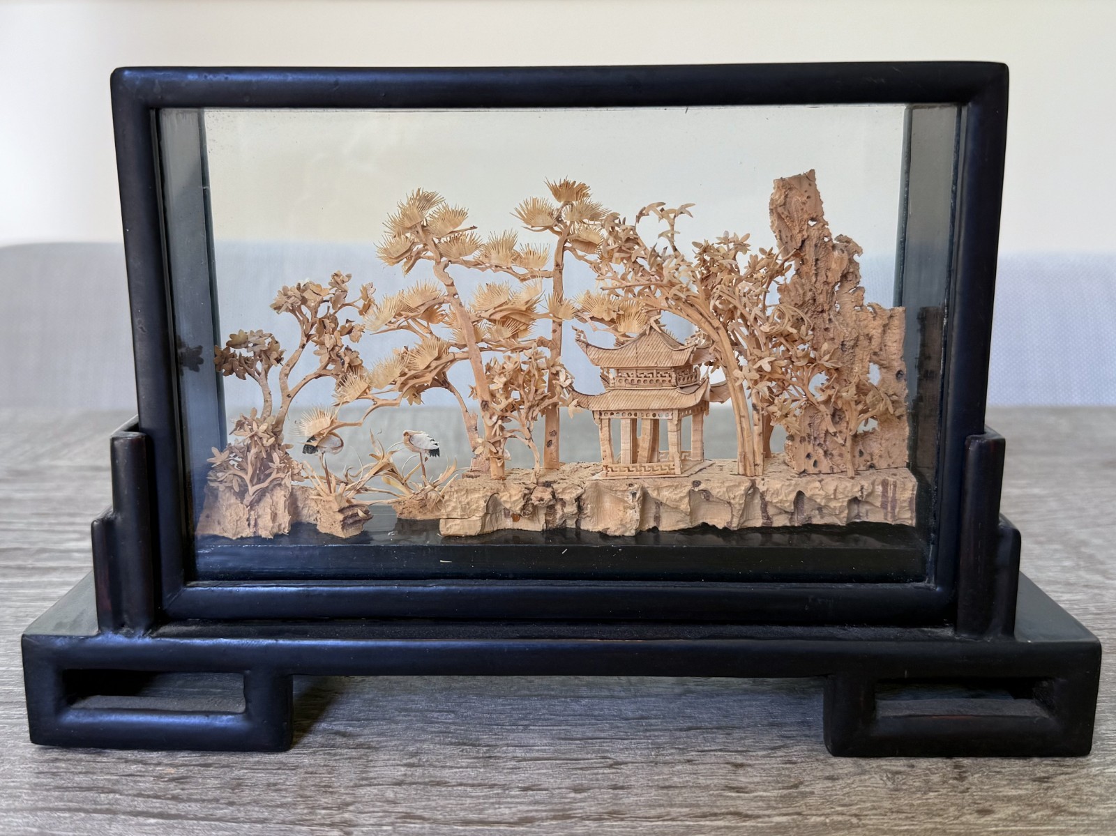 Vintage Chinese Cork Carving Shadow Box Hand Carved Pavilion Landscape 1980s