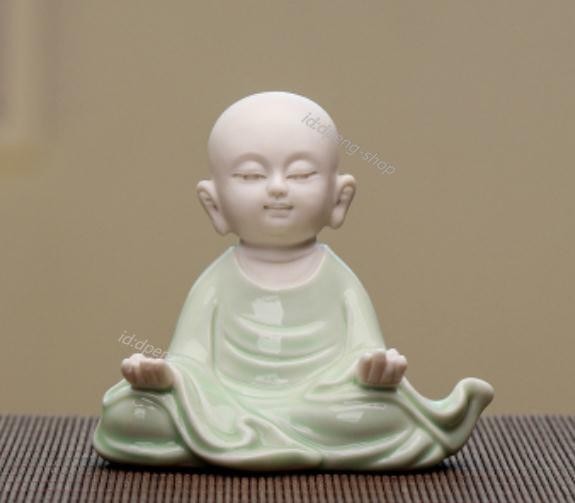 3.1″China Celadon Porcelain Ceramics Lovable Little Monk Figurine Statue Statues