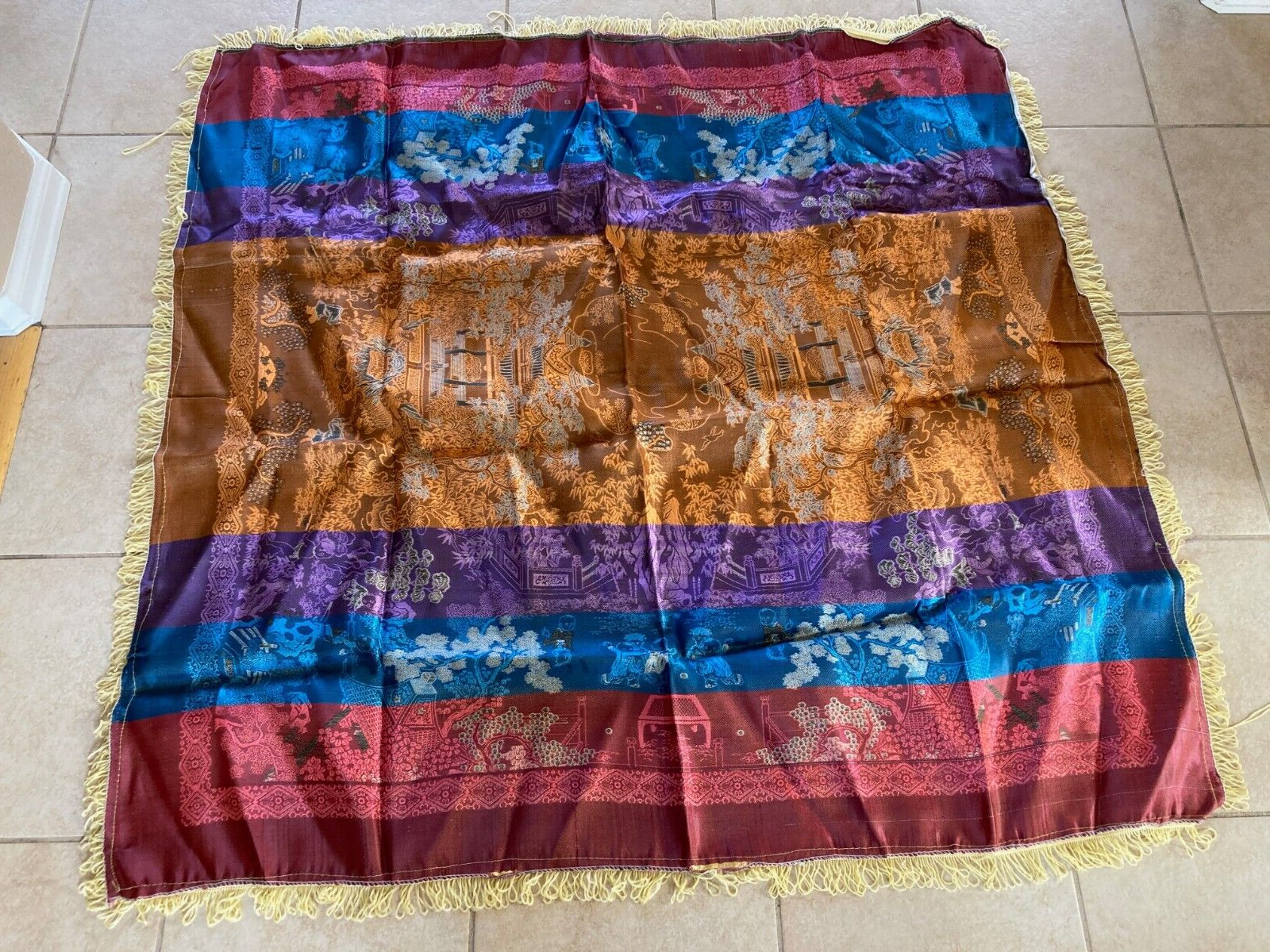 Vintage Silk Satin Brocade Piano Shawl Gold 48″ Fringes Excellent WWII
