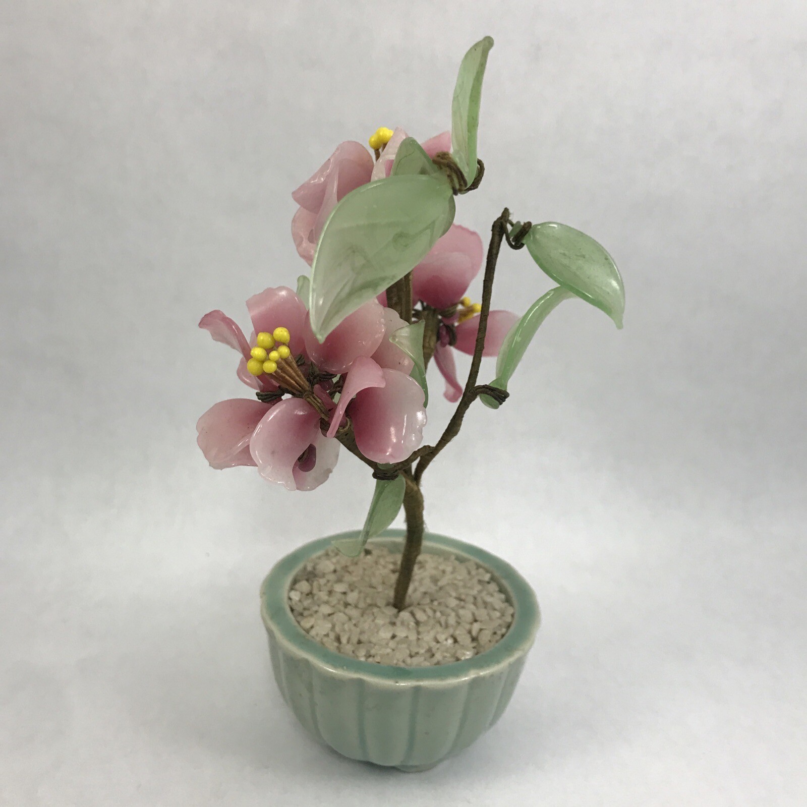 Pink Flower Decorative Asian Style Jade Glass Flowers Bonsai Plant Celadon Pot