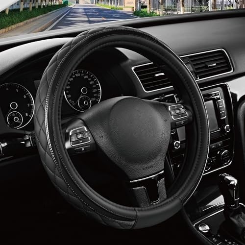 Leather Steering Wheel Cover – & Universal Fit 14.5-15 Inch, Microfiber Black