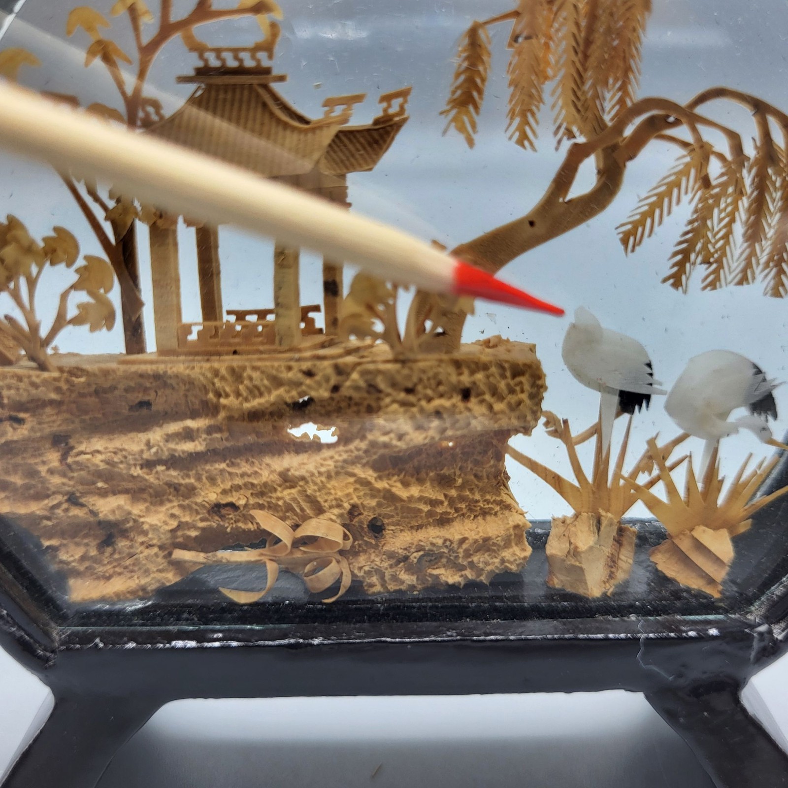 Vintage Chinese Landscape Cork Diorama Glass Dome Black Stand SMALL 3.5″ x 3.25″