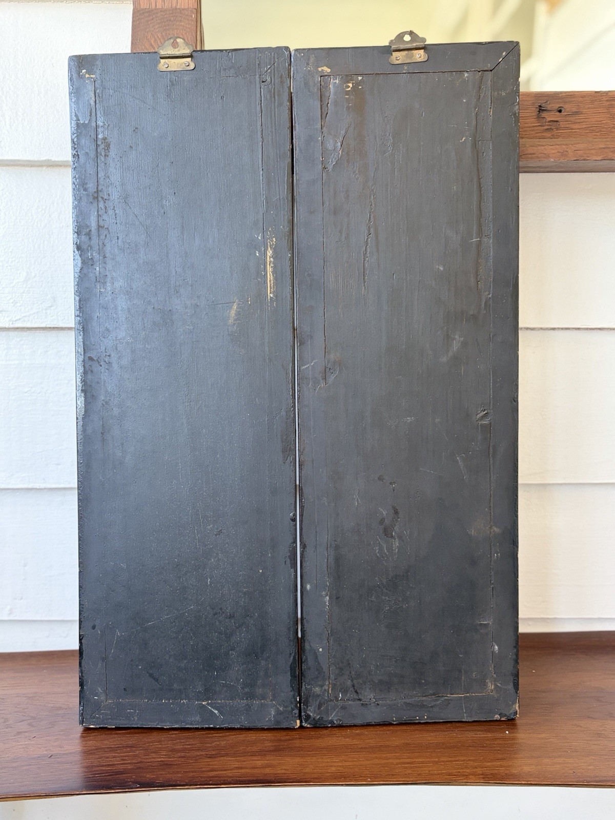 2 Vintage Asian Mother Of Pearl Inlay Black Lacquer Wooden Wall Panels