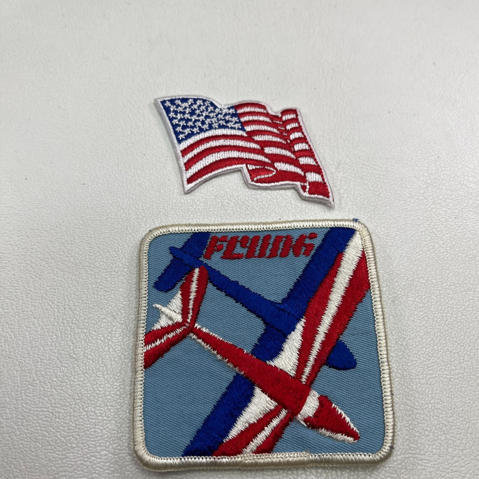 Vtg RED WHITE BLUE Plane Pilot Soaring Patch + Wavy Flag Patch T089