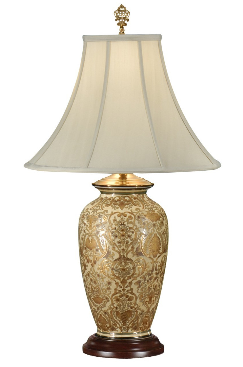 BEAUTIFUL GOLD DAMASK HAND PAINTED PORCELAIN LAMP -31”H