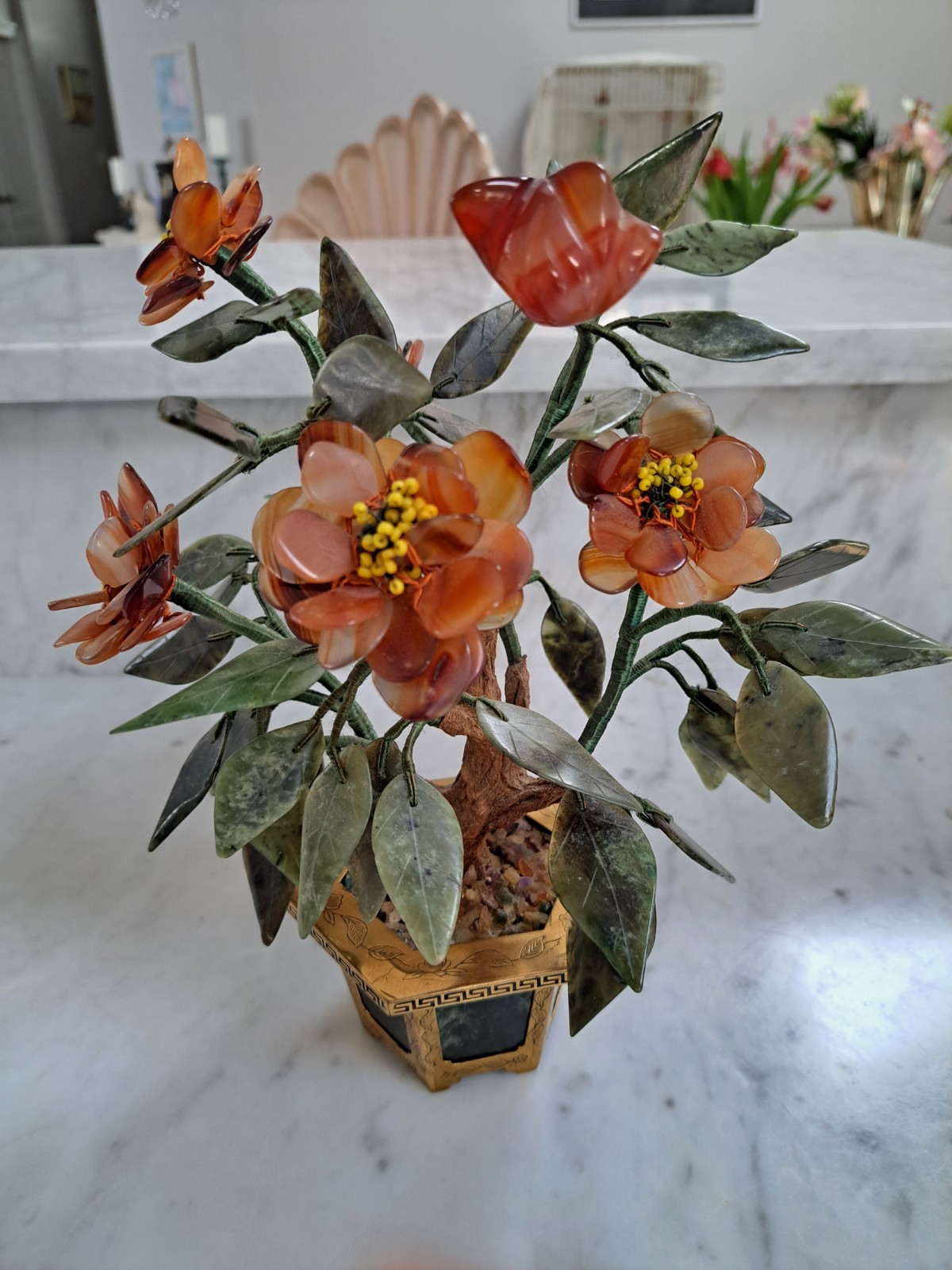 Vintage! Jade gemstone potted flowers With Brass Pot And Jade Decor.