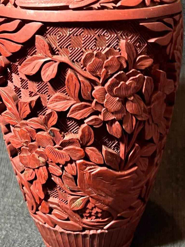 Old Chinese Antique Hand Carved Cinnabar Red Lacquer Vase Urn QING Blue Enamel