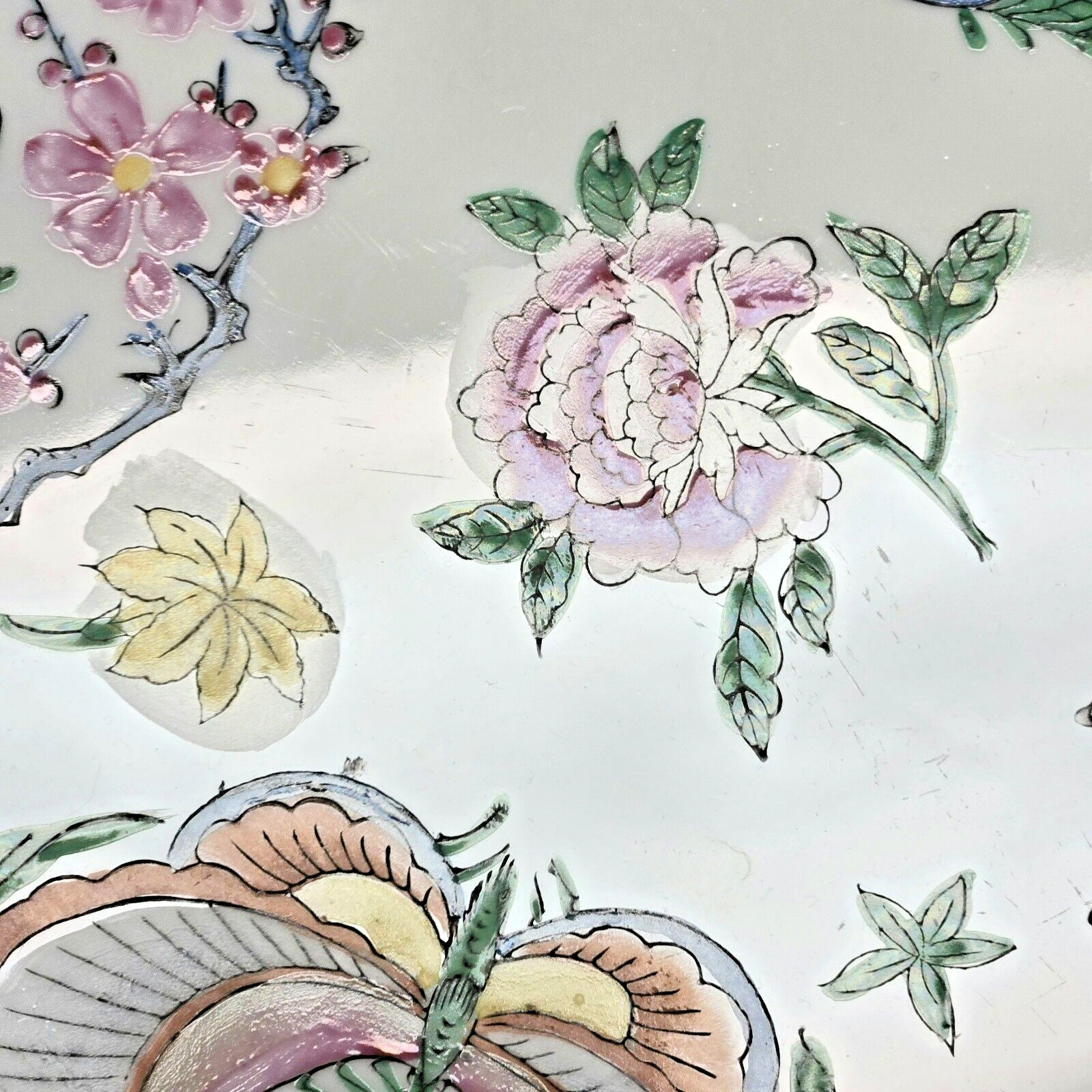 Lg. Chinese Porcelain 14″ Bowl w Brass Stand Hand-Painted Butterflies & Flowers