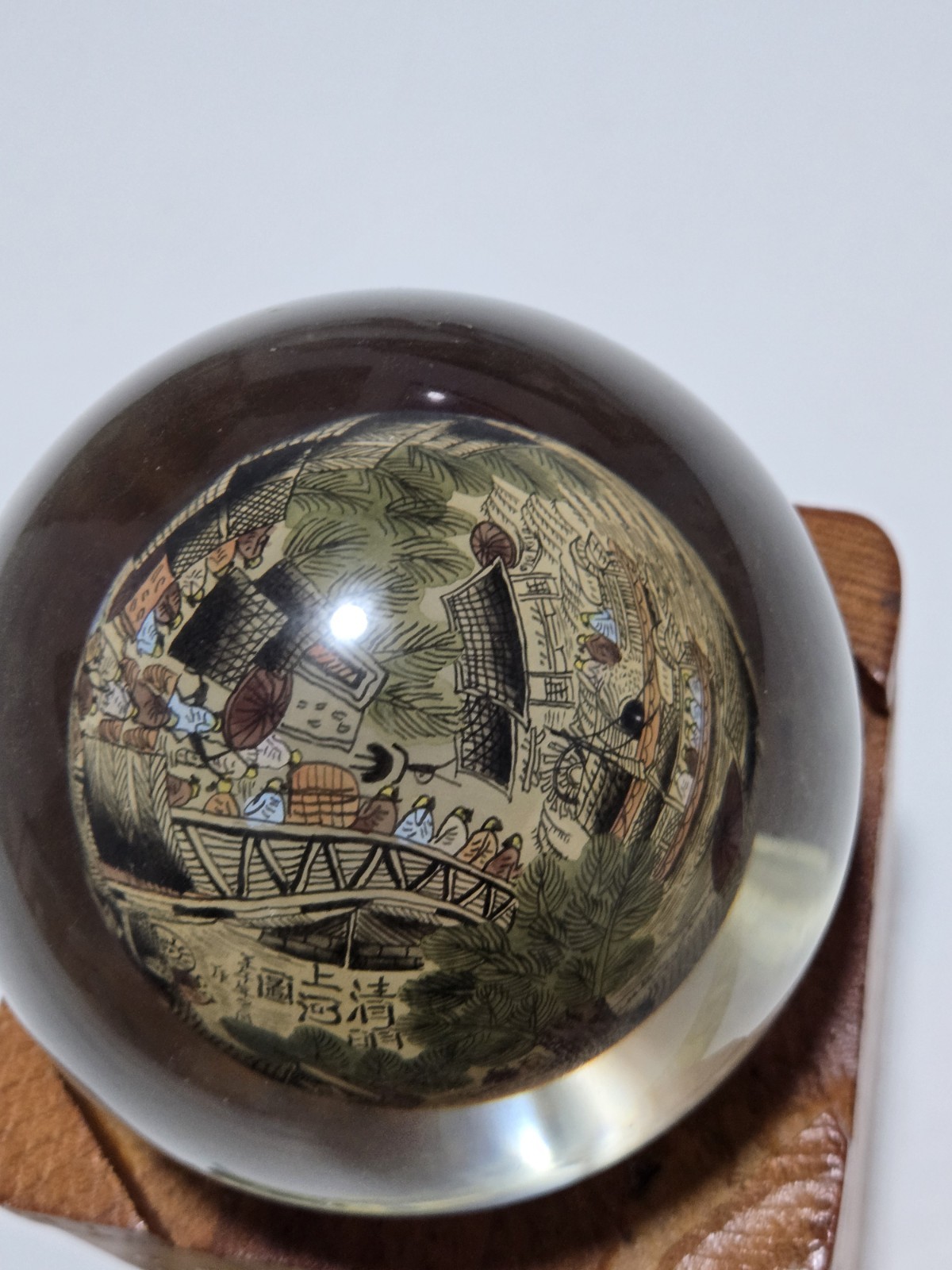 Vtg Chinese Reverse Paint Globe Orb Sphere With Wooded Base 4″ Round Rare!