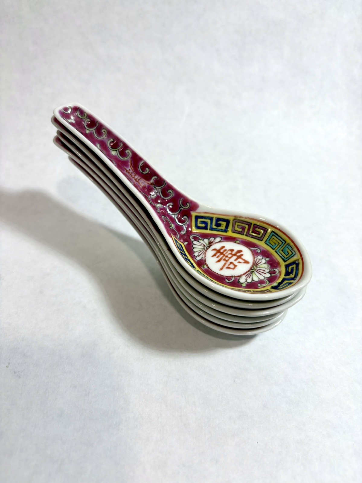 Vintage Chinese Famille Rose Mun Shou Porcelain Spoons Red Set of 6