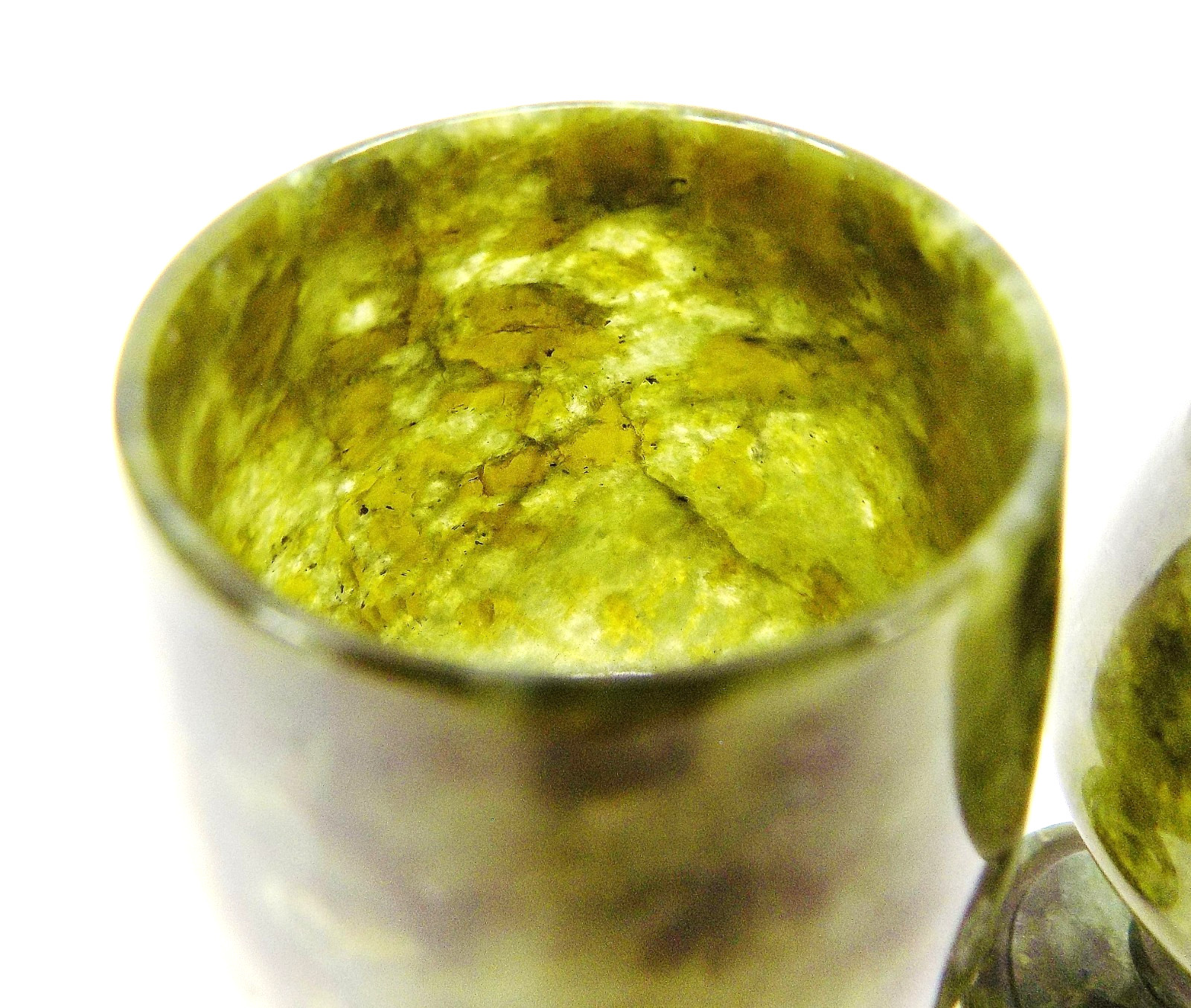 A Fine Quality Pair of Antique Chinese Carved Translucent Spinach Jade Cordials