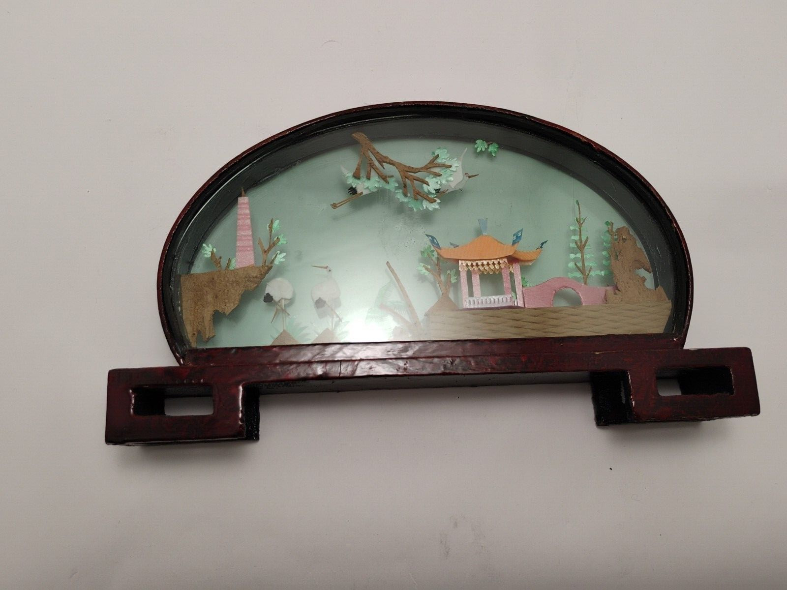 Vintage Chinese Cork Art HAND MADE Oval Lacquered Wood Glass 14×2″ Beautiful