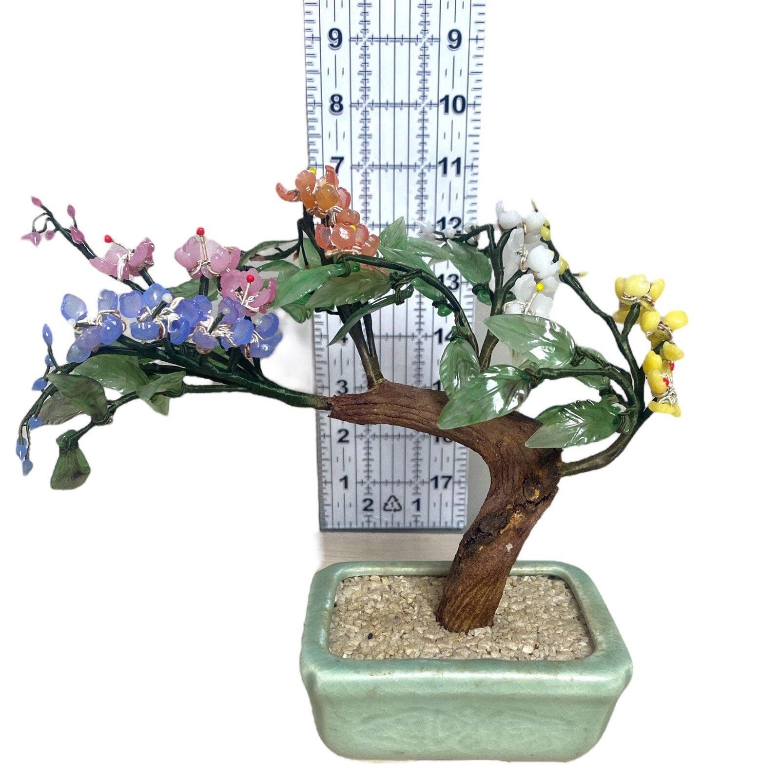 Glass Jade Bonsai Tree Sculpture Multicolor Flowers Celadon Pot 9 Inch