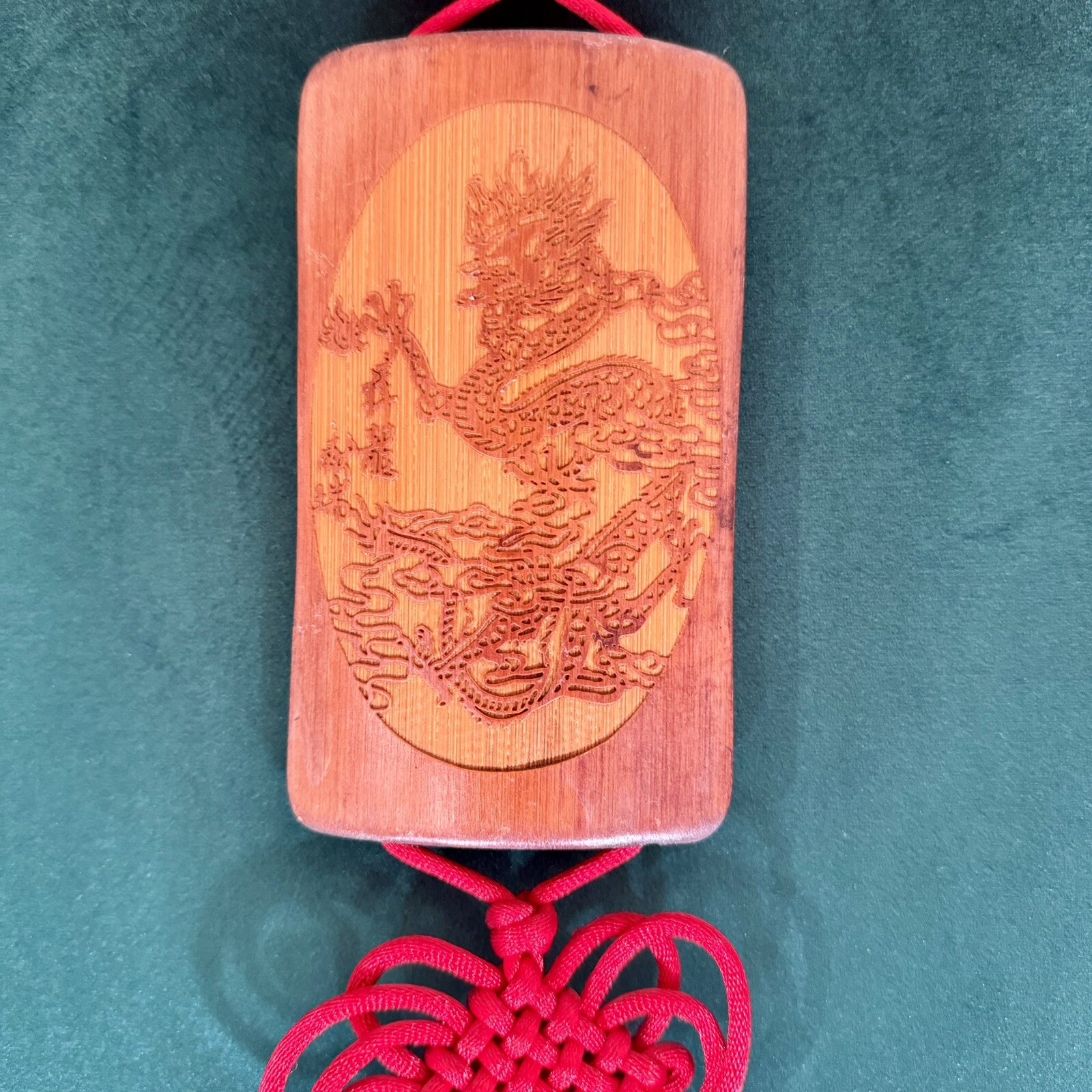 Chinese Hanging Art With dragon Wood & Red Tassel 31” Long Oriental