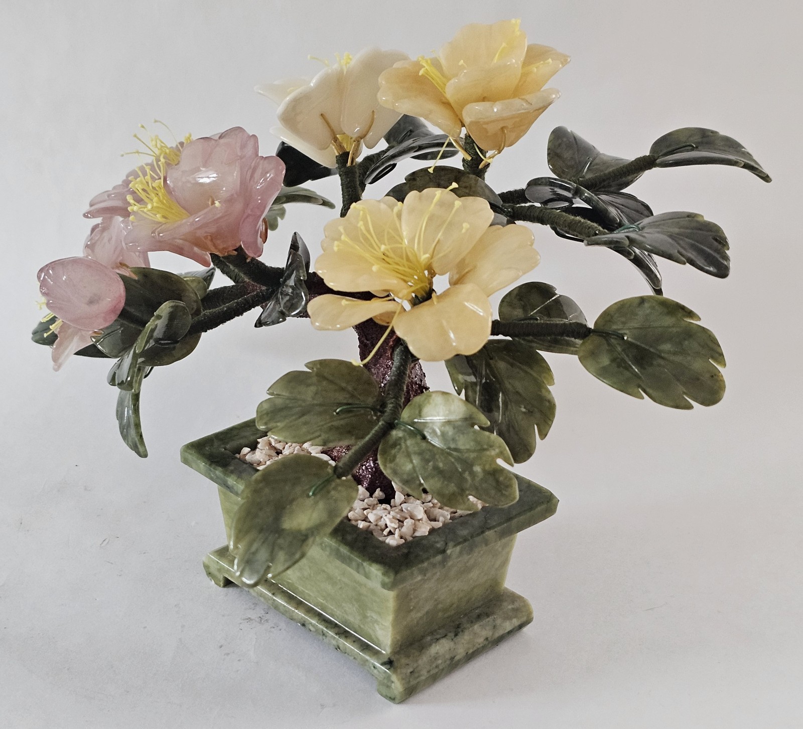 Vintage Chinese Jade Agate Floral Flower Tree Bonsai Sculpture 14″x9″x7″