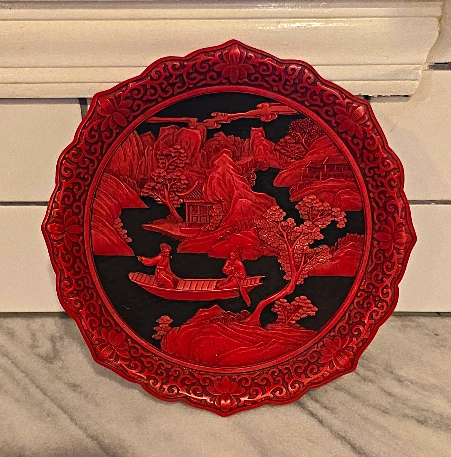 Chinese Cinnabar-Style Red Lacquer Carved Dish Plate Scenic Landscape Boat