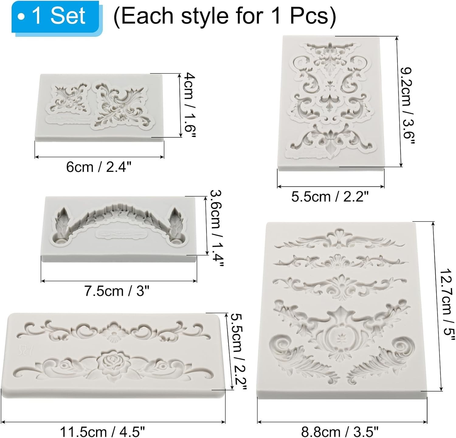5PCS Polymer Clay Mold, Clay Mold Fondant Mold 3D Baroque Iod-Mold Silicone f…