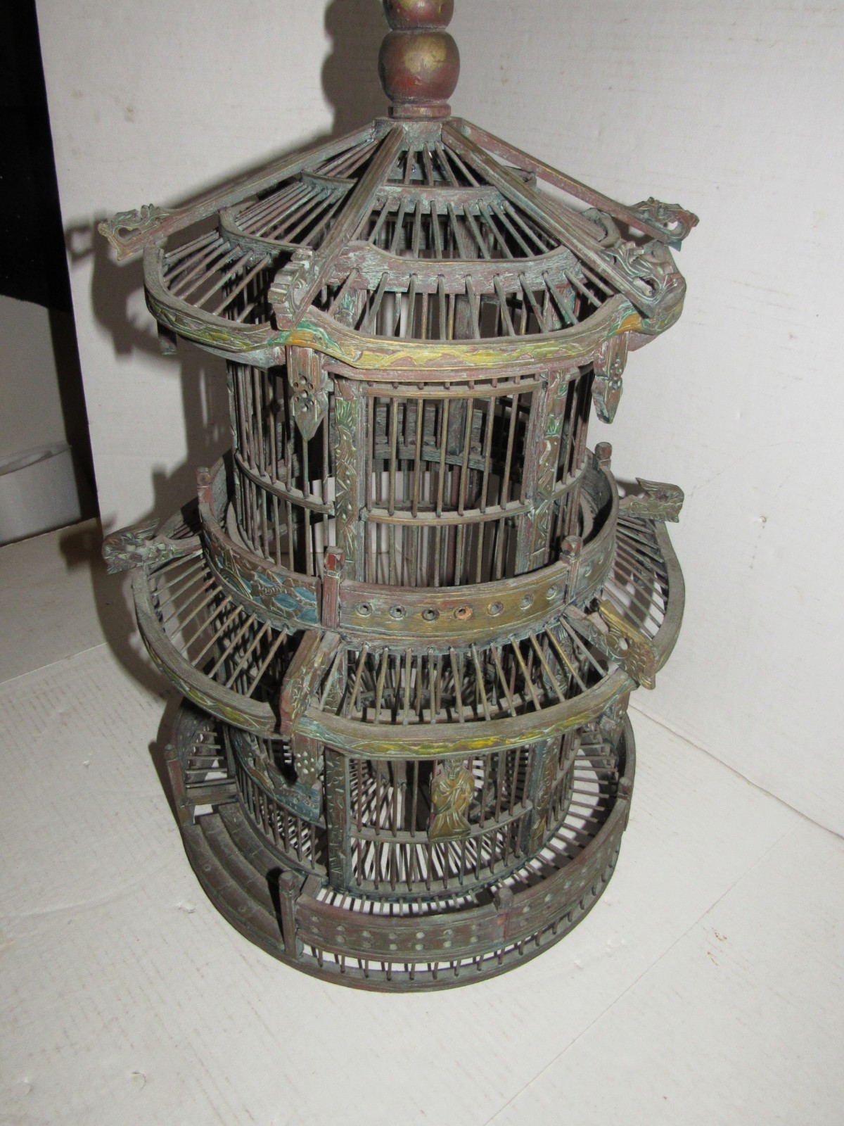 Vintage Chinese Wood Carved Pagoda Bird Cage, Oriental Geisha, Round