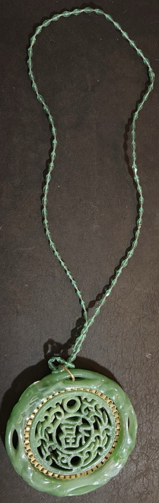 Vintage Asian Chinese Plastic Green Faux Jade Necklace With Large Medallion