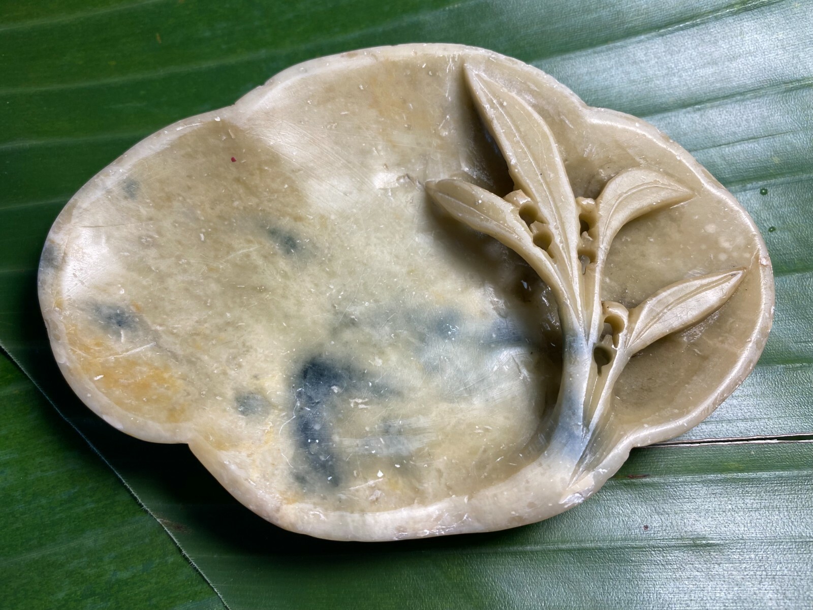 Soapstone collectible carved ashtray or Trinket dish with flower and leaf motif