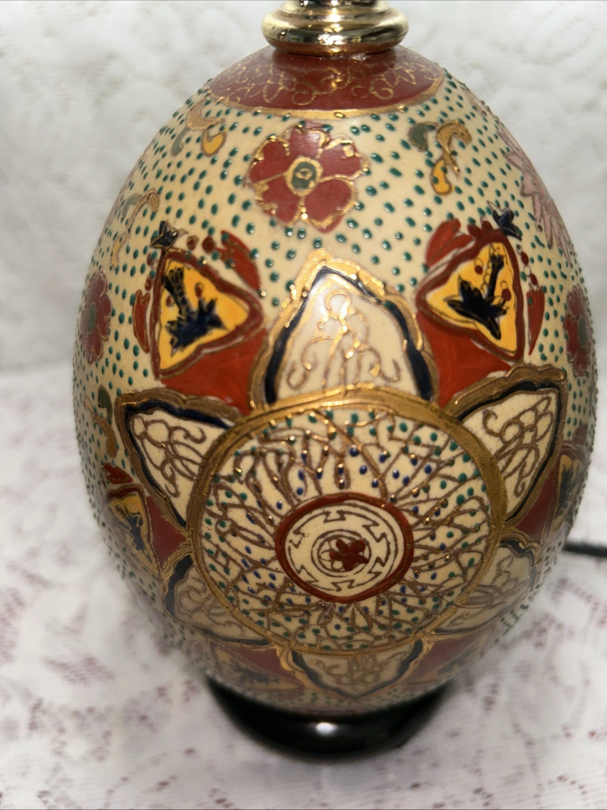 Vintage Chinese Cloisonné Ceramic Hand Painted Egg Lamps With Wood Stand