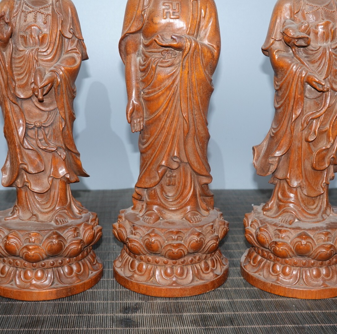 11.4″ China Box-wood West Three Saints Avalokitesvara Sakyamunim Amitabha Statue