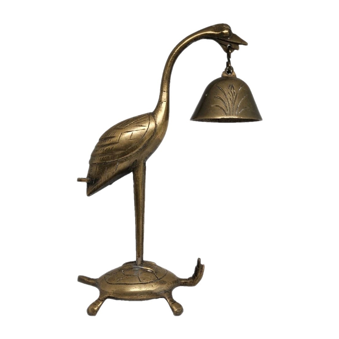 Vintage Brass Crane Bell on Turtle – Altar Desk Bell & Incense Holder China