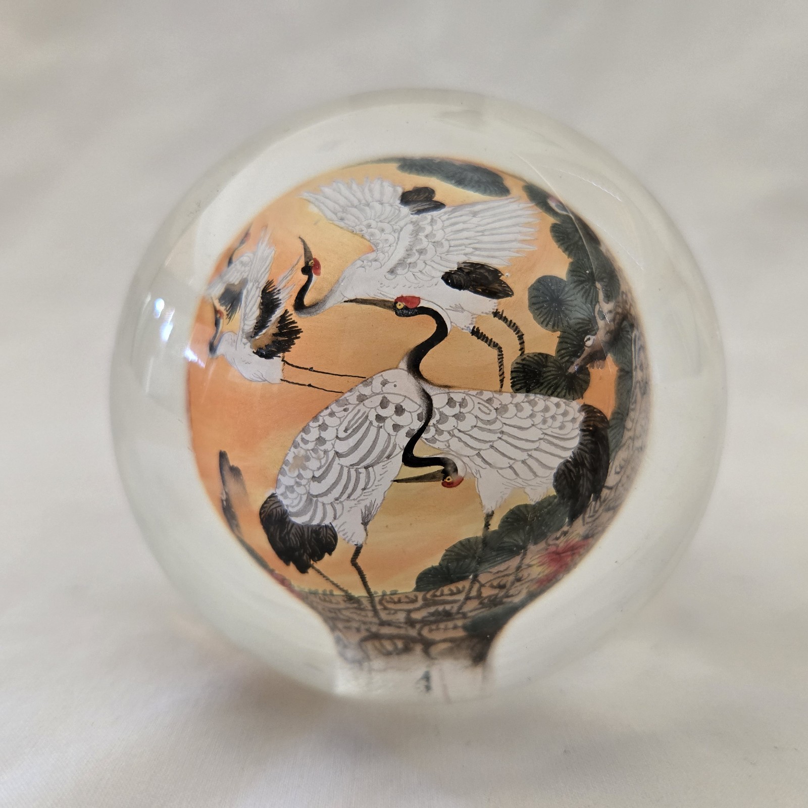 Cranes Art Glass Reverse Handpainted Sphere Ball 3″ Diameter Unbranded Vintage