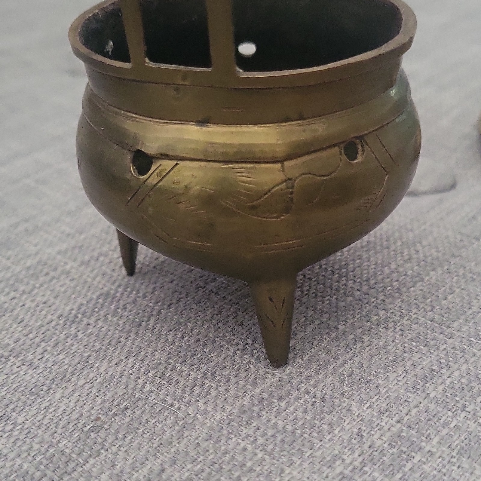 Chinese Brass Tripod Incense Burner Censer w/ Lid, Stamped “CHINA”