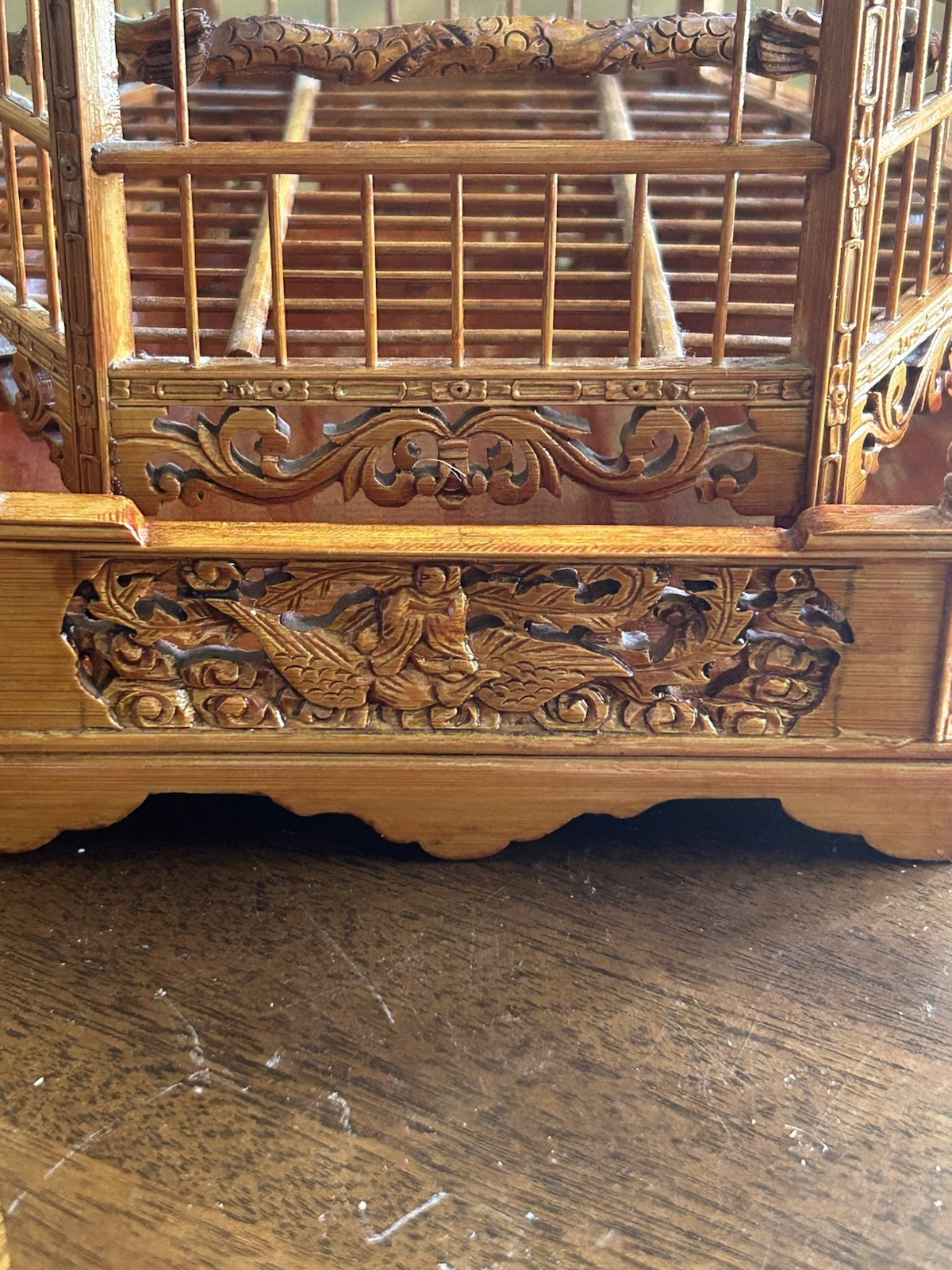 Antique Chinese Bamboo Bird Cage Hand Carved Vintage Feeders