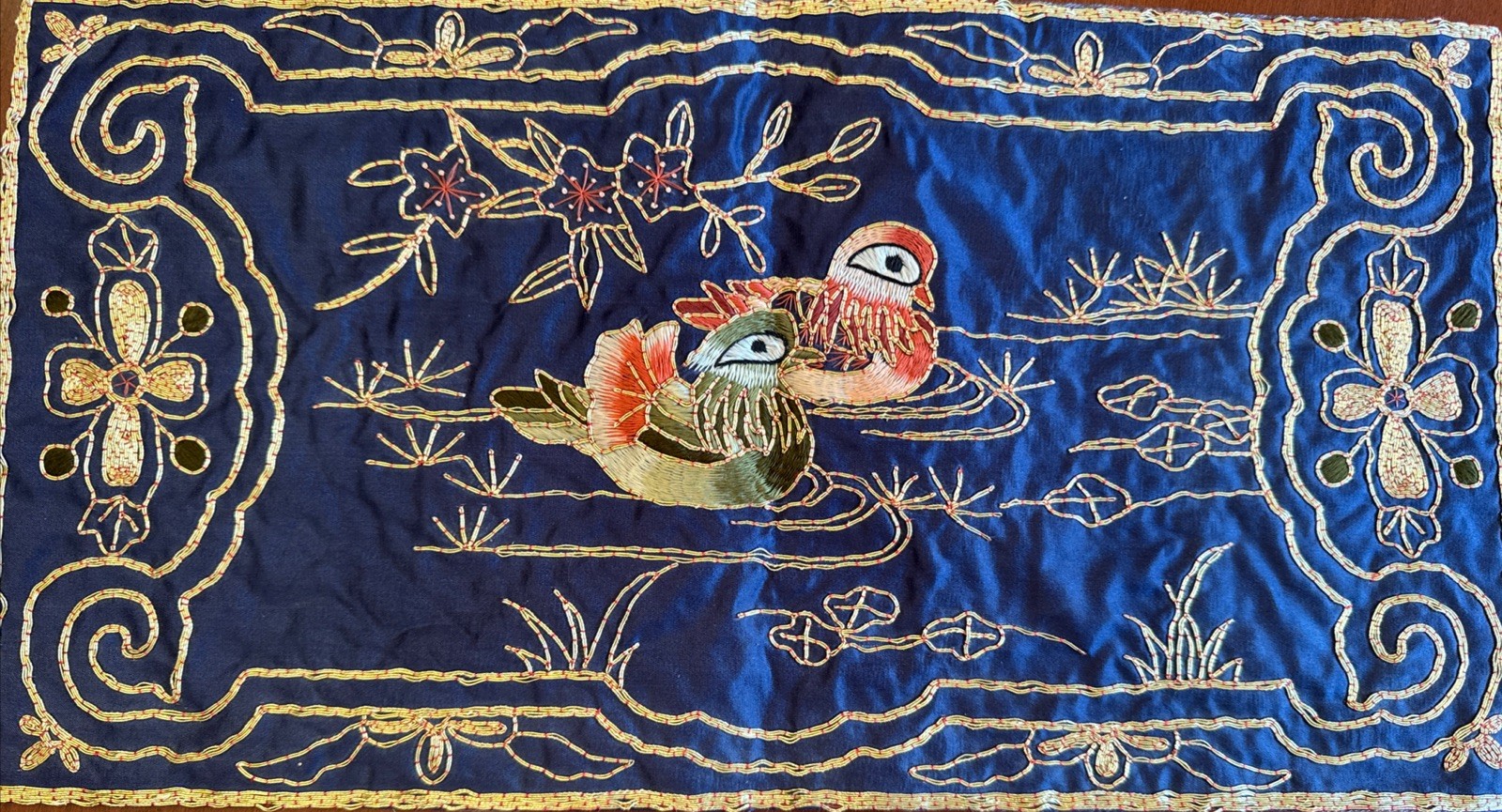Chinese Golden Cloud Hand Embroidered Blue & Gold Silk Table Mat Ducks 9”x16”